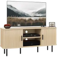 HOMCOM Meuble TV , banc TV, avec 2 portes battantes à lamelles, 120 cm, design scandinave, meuble TV pour téléviseurs jusqu'à 55 pouces, couleur chêne