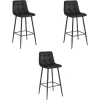 Leobert Tabouret De Bar - - Arceto - Velours Noir/Pieds Noirs - Lot De 3