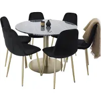 Ebuy24 EstelleØ106BLBR ensemble table, table noir, marbre et 6 Polar chaises Velours noir, laitonReproduction.