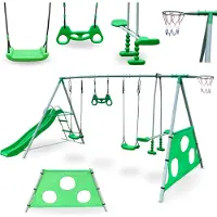 HyperMotion Grande aire de jeux pour enfants avec balançoire, toboggan et panier de basket, vert