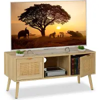 Relaxdays Meuble TV bas , style rotin, meuble TV pouvant accueillir des écrans jusqu'à 43 pouces, aspect bois, dimensions : 45,5 x 100 x 40 cm, meuble TV, couleur naturelle