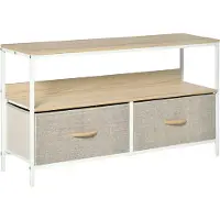 HOMCOM Meuble TV Bas sur Pieds support TV pour télévison jusqu'à 47 pouces Style Industriel 2 tiroirs en Tissu Gris Bois Naturel et métal Blanc