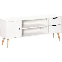 HOMCOM Meuble TV Banc TV Style scandinave Placard 2 niches 2 tiroirs Passe-Fils Panneaux Particules Blanc Bois pin