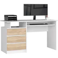 Akord Bureau 135 cm Blanc/Sonoma avec Rangement et Tiroir Clavier Extensible
