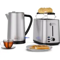 Klarstein Verosteel Essentiel Set Petit-Déjeuner - Acier Inox, Grille-Pain 2 Fentes 7 Niveaux, Plateau Ramasse-Miettes, Support à Petits Pains, Bouilloire Électrique 1,7L Filtre Anti-Calcaire