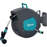 Outsunny Enrouleur tuyau arrosage automatique pivotant 180° Tuyau 15 + 1,4 m avec Lance arrosage Support Mural intégré Turquoise Gris
