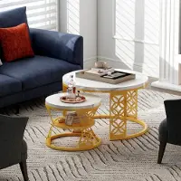OKWISH Table basse 2 pcs, aspect marbre blanc rond, pieds en métal dorés, table basse moderne pour salon, blanc+doré