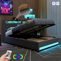 OKWISH Lit à coussins 140×190 cm avec éclairage LED, ports USB et tiroirs, lit avec tête de lit et étagère, lit confortable pour chambre, gris, sans matelas