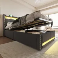 Sweiko Lit d'enfant rembourré 90x200cm avec éclairage LED et prise USB, Avec hydraulique pour le stockage, Lit simple, Tissu en lin gris