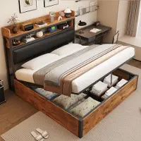 Sweiko Lit rembourré 180 x 200 avec élévateur hydraulique, USB, tête de lit rembourrée, design vintage en bois et métal, noir