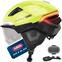 ABUS Casque de vélo HYP-E B.LACE - avec éclairage avant, arrière et clignotant ainsi que feu de stop sans fil - avec visière et protège-oreilles - taille S, jaune de signalisation
