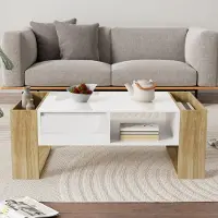 MODFU Tables basses - Table Basse Avec Rangement Multiples et Tiroirs, Plateau Supérieur Blanc, MDF, 105 x 60 x 40 cm - Bois + Blanc