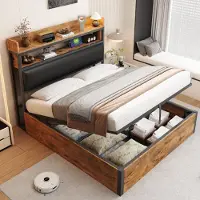 Sweiko Lit rembourré 140 x 200 avec élévateur hydraulique, USB, tête de lit rembourrée, design vintage en bois et métal, noir