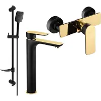 Mexen Alfa DF62 SET Mélangeur lavabo + douche avec accessoires, noir/or (745714DF62-75)