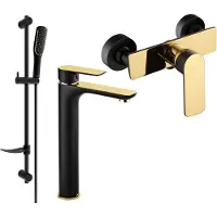 Mexen Alfa DF49 Ensemble de mitigeurs de lavabo et de douche avec accessoires, noir/or (745714DF49-75)