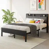 OKWISH Lit métallique rembourré 140x200 cm avec sommier, chargement USB, tiroir et tête de lit confortable, idéal pour chambre et chambre d’adolescents, sans matelas
