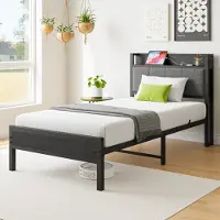 OKWISH Lit métallique rembourré 90x200 cm avec sommier, ports USB, tiroir et tête de lit rembourrée, lit moderne pour adolescents, sans matelas