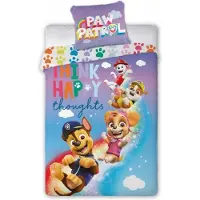 Faro Parure de lit enfant Paw Patrol Think Happy thoughts Chase Marshall Rubble Skye Arc-en-ciel Patte Nuages Etoiles Couette 140 x 200 + oreiller 70 x 90 cm 100% coton