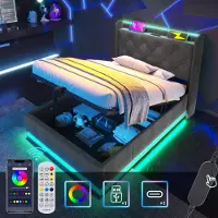 Sweiko Lit simple rembourré,LDE90 x 200 cm, Matériau lin gris Lit de camp hydraulique, tête de lit avec USB Type-C Sans matelas