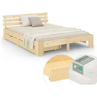 Homestyle4u Lit Double 180x200 cm avec 2 Matelas et Tiroirs Lit en Bois Naturelle Cadre de Lit Sommier à Lattes