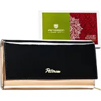 Peterson | Porte-monnaie femme, en cuir naturel, rabat verni, noir-doré, 18.5x10 cm