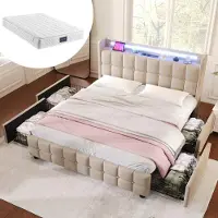 Sweiko Lit rembourré avec tête de lit USB et LED et 4 tiroirs,Lit double 140x200cm Cadre de lit de rangement, Beige Avec matelas