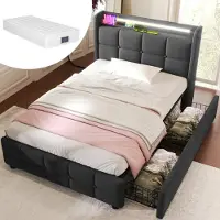 Sweiko Lit rembourré avec tête de lit USB et LED et 2 tiroirs,Lit simple 90x200cm Lit de rangement, Gris Avec Matelas