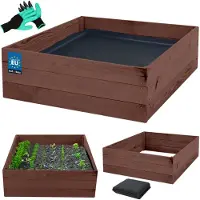 KOTARBAU Carré Potager Bois de Pin Imprégné 120x120x27 cm Marron Bac Potager Jardiniere Surelevee Exterieur avec Vlies et Gants à Griffes