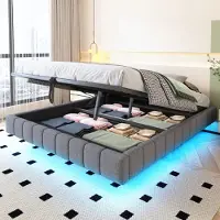 MODFU Lit Coffre Double 160x200 cm - Avec Rangement Spacieux et Sommier Relevable, Bande LED Intégrée - Tissu Lin Gris
