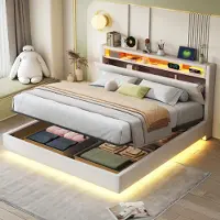 Sweiko Lit rembourré 160x200 cm, Cadre de lit flottant hydraulique avec espace de rangement, Tête de lit réversible, Lin Beige