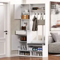 OKWISH Meuble d'Entrée - Armoire d’Entrée avec Banc, 4 Crochets et 2 Tiroirs, Vestiaire Pratique pour Salon, MDF, 100x35x180 cm - Blanc