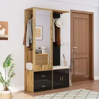 MODFU Armoires d’Entrée - Meuble Multifonction avec Miroir et Banc à Chaussures, Penderie et Rangement Intégré, 100x38x180 cm, Noir et Bois