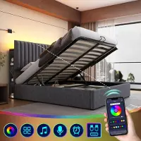 Sweiko Lit rembourré Rangement Double Lit LED avec USB Type C , Rangement & Tête de lit réglable ,160x200cm Gris Sans Matelas