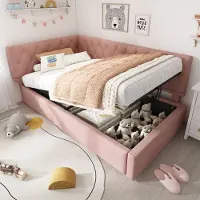 OKWISH Lit Coffre 90x200 cm - Lit Simple avec Sommier à Lattes, Lit avec Rangement et Revêtement en Velours, Lit Ado, Sans Matelas - Rose