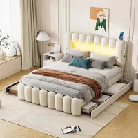 Sweiko Lit rembourré, 160 x 200cm, Sans matelas, Lit rembourré avec 4 tiroirs, Lit rembourré avec barre lumineuse LED avec USB et chaîne stéréo, Velours, Beige