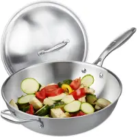 Relaxdays Wok , Ø 32 cm, acier inoxydable sans revêtement, compatible gaz, électrique et induction, wok avec couvercle et poignée, argent