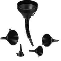Relaxdays Lot d'entonnoirs , 5 tailles, entonnoirs universels avec tuyau et tamis, utilisables comme entonnoirs à huile et entonnoirs de cuisine, noir