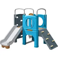 Step2 Scout & Slide Climber Aire De Jeux En Plastique Avec Toboggan - Bleu/Gris | Équipement De Jeu, 2 Murs D'Escalade | Dimensions : 175 X 140 X