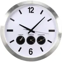 Perel Horloge mondiale analogique avec 3 fuseaux horaires, modèle mural avec changement automatique de l'heure d'été/hiver, sans piles