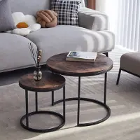 Happyment Table basse Deluxe – ronde – lot de 2 – marron – MDF et métal – salon – 60 × 60 × 45 cm et 40 × 40 × 35 cm