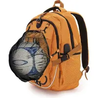 Nikcorp Sac à dos enfant et sport orange avec filet amovible pour ballon et casque, port USB, compartiment PC 15,6 pouces et dos respirant