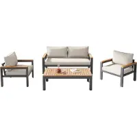 Happyment Loungeset - Ensemble de meubles de jardin - Cadre en acier galvanisé - Table & accoudoirs en acacia - Beige