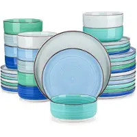 Happyment Arcobaleno Azzuro Service de table - 36 pièces - 12 personnes - Rainbow Greeny - Assiettes plates - Assiettes creuses - Assiettes petit déjeuner