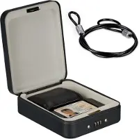 Relaxdays Boîte de sécurité avec serrure à combinaison, portable, avec câble de sécurité, coffre-fort pour voiture, acier, HxLxP : 6x16x20 cm, noir, beige