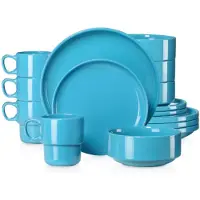 Happyment Célestine Vittoria Services de table - 48 pièces - 12 personnes - Bleu bébé - Assiettes plates - Assiettes creuses - Assiettes petit déjeuner - Servies - Ustensiles de cuisine