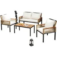 Happyment Ensemble de salon en poly rotin et bois d'acacia - 2 fauteuils, banquette double et table - Ensemble de salon de jardin avec coussins confortables - Blanc