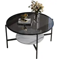 Happyment Table basse Mira - 2 niveaux de verre - Gris - Plateau de table brillant & plateau inférieur en pierre - Luxe moderne pour le salon