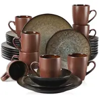 Happyment Montario Service de table - 32 pièces - 8 personnes - Assiettes plates, assiettes creuses & assiettes à déjeuner - Marron - Céramique