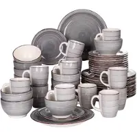 Happyment Velentino Service de table - 48 pièces - 12 personnes - Céramique grise - Assiettes plates, assiettes creuses & assiettes à déjeuner - Service de cuisine élégant