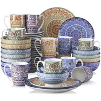 Happyment Aurora Service de table - 48 pièces - 12 personnes - Mix Couleurs - Assiettes plates - Service de table - Assiettes creuses - Assiettes petit déjeuner - Servies - Ustensiles de cuisine